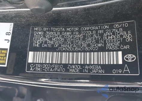 2010 Toyota Prius z USA, uszkodzony, nr VIN JTDKN3DU8A0180922